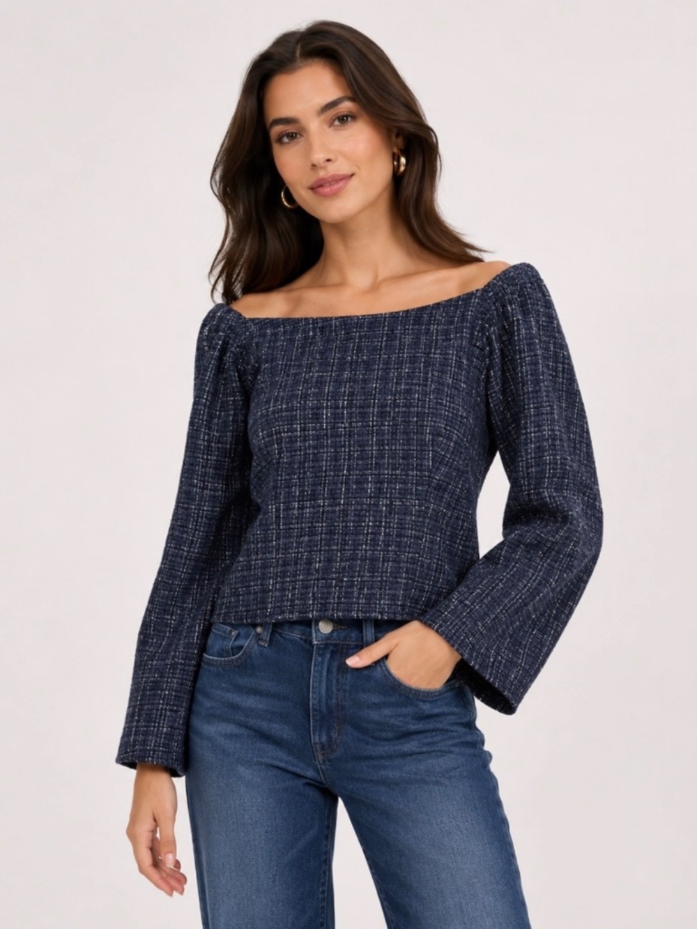 Zara NWT Women's Blue Tweed Textured Off The Shoulder Top Long Sleeve Size XS